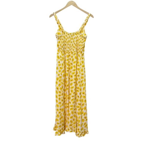 Faithfull the Brand Noemie Dress Size 8 US Yellow Floral Midi Ruffle Hem Smocked - Picture 3 of 14